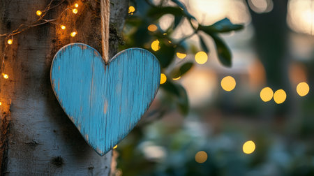 Charming valentine's day backdrop featuring blue wooden heart and twinkling fairy lights in natureの写真素材
