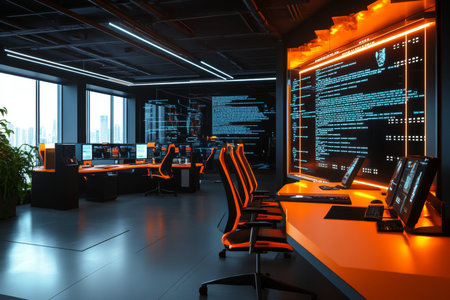 Futuristic tech office with orange and black accents featuring holographic screens and data displays