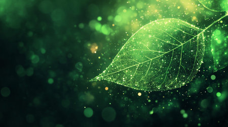 Vibrant eco friendly technology with glowing leaf on dark background for sustainable development