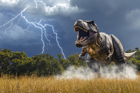A fierce tyrannosaurus rex roaring amidst grasslands under a dramatic sky and lightningの写真素材