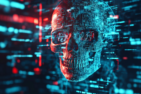Abstract digital background featuring skull hologram and code a concept of cyber securityの写真素材