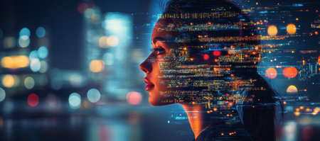 Futuristic urban life woman s profile with vibrant digital cityscape double exposure in cyber age