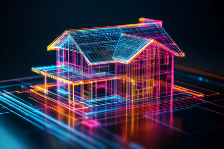 Colorful 3d holographic blueprint of a modern house design isolated on a dark background