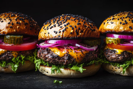 Three beef burgers with gouda, pickled veggies, and brioche buns on dark backgroundの写真素材