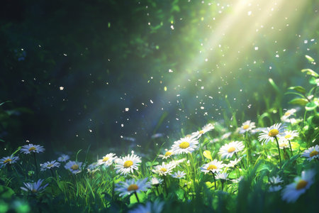 Sunlit daisies in a lush field, showcasing nature s vibrant colors and beautiful contrast