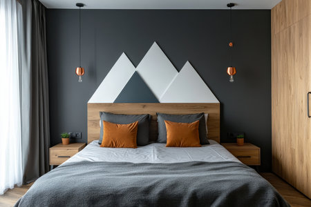 Stylish mountain shaped wall decor for a cozy bedroom with dark gray and white accentsの写真素材
