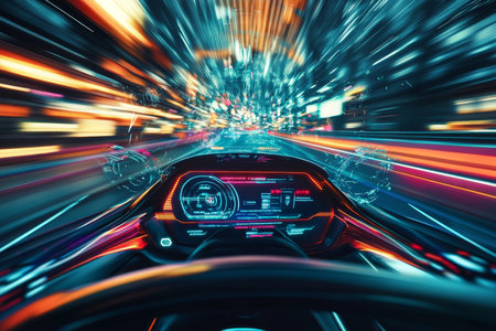 Futuristic car racing game with holographic ui showcasing speed and energy on urban streets