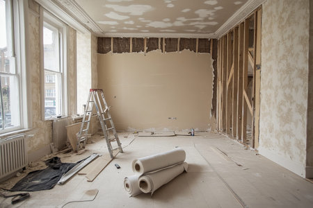Renovation in progress empty west London room with exposed beams, wallpaper rolls, and ladder