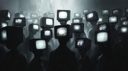 Surreal gathering of individuals with retro TV heads amidst a sea of vintage televisions in darknessの写真素材