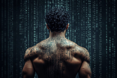 A man with curly hair surrounded by black numbers and binary code in intricate photography