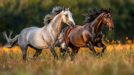 Dynamic duo gray and dark chestnut andalusian horses in motion across a lush grassy fieldの写真素材