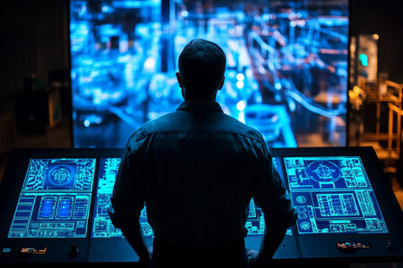 A man interacts with futuristic technology at his factory surrounded by glowing holographic displaysの写真素材