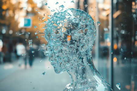 Abstract glass humanoid shattering in a futuristic street view a captivating ai photography conceptの写真素材