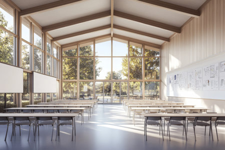 Bright and airy modern classroom with desks, whiteboards, and inspirational learning atmosphereの写真素材