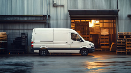 White delivery van parked at industrial warehouse loading dock for transportation tasksの写真素材