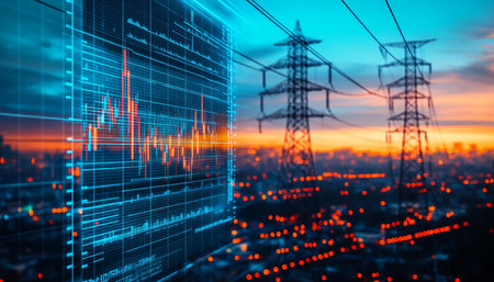 Digital illustration of stock market chart with cityscape background and sunset lighting highlightsの写真素材