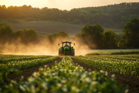 Tractor navigating lush corn fields, dust clouds rising in serene farm landscape at sunsetの写真素材