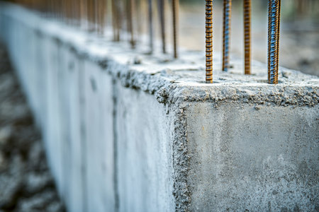 New concrete wall with iron rebar at a farm concept of country house construction photographyの写真素材