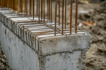 Detailed close up of concrete wall with rebar and beams in rural house construction setting