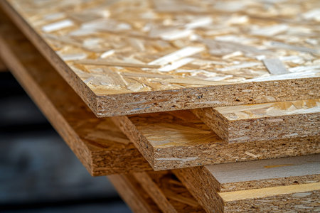 Close up view of eco friendly osb sheets, chipboard, and plywood for construction use