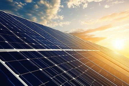 Close up of a solar panel against a sunset, highlighting sustainable energy and clean power conceptsの写真素材