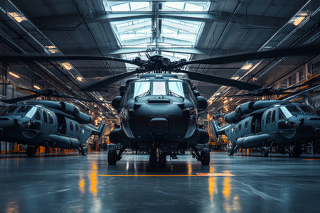 Sleek black military helicopters in a hangar a cinematic and detailed scene of modern aviationの写真素材