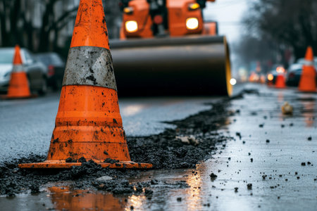 Traffic cones and signs for asphalt work with street roller and potholes in rainy weatherの写真素材