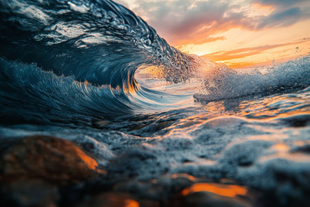 Stunning sunset wave view from underwater with rocks and beautiful reflections in the oceanの写真素材
