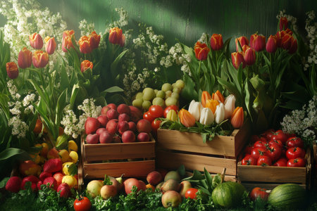 Vibrant fruits and vegetables in wooden boxes under spring sunlight with blooms inspired by monetの写真素材