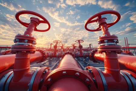 3d illustration of industrial gas main lines with red isolation valves against a sky backgroundの写真素材