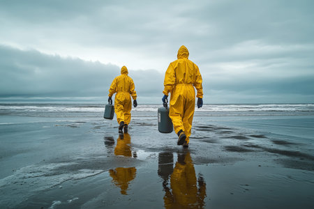 Workers in yellow hazmat suits cleaning oil from beach on gloomy day with light rain and clouds