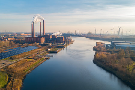 Aerial view of solar panels and wind turbines by power station and river landscape