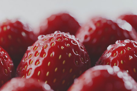 Vibrant close up of fresh strawberries showcasing juicy texture against a softly blurred background
