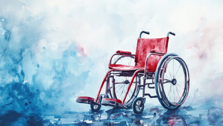 Vibrant watercolor artwork featuring a red wheelchair set against a serene blue backdropの写真素材
