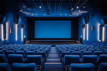 Elegant cinema hall featuring blue seating and spacious screen ideal for presentations and designs