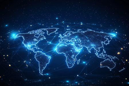 Digital illustration of a global map showcasing international trade and connectivity in space theme