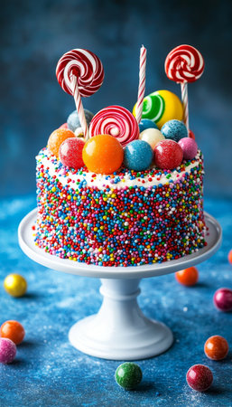 Vibrant birthday cake displayed on a stand adorned with colorful sweets and lollipops on blueの写真素材