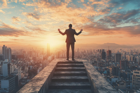 Businessman celebrating success on concrete stairs with cityscape background in daylight