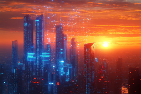 Futuristic cityscape at sunset a vision of innovation and connectivity through technology s bridge