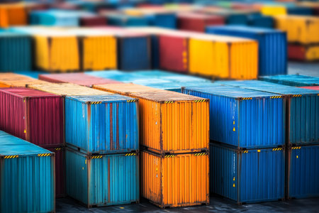 Stacked shipping containers in a cargo yard for global transportation and business logisticsの写真素材