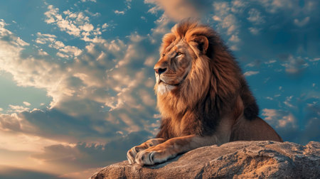 Majestic lion with flowing mane on rock under dramatic sky a stunning wildlife illustrationの写真素材