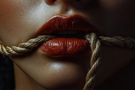 Close up of lips wrapped in ropes, symbolizing restraint of a Japanese woman in photography