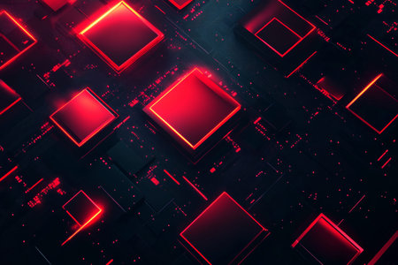 Futuristic banner design featuring red glowing geometric shapes on a dark circuit background