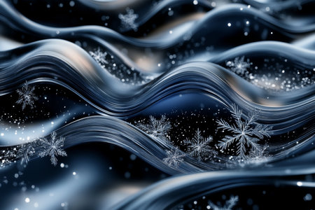Abstract 3d rendering of silver waves with snowflakes on black background in dark blue and grayの写真素材