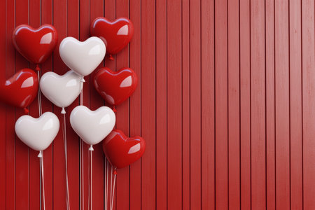 Valentine's day background featuring heart shaped balloons on a red wooden wall for love themeの写真素材