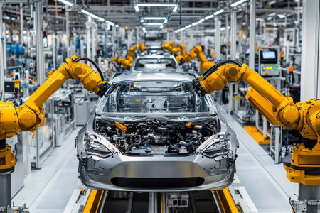 Silver car assembly line featuring robotic arms and engine parts in a modern factory workshop