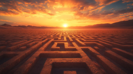 A desert maze at sunrise symbolizing life's complex journey and the path of self discoveryの写真素材