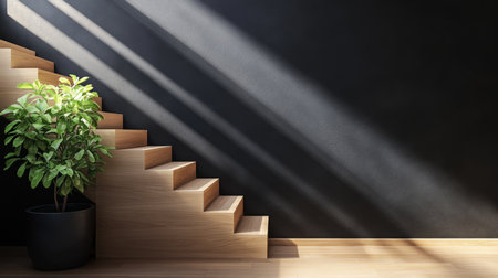 Elegant wooden staircase in luxury home with black wall and potted plant for modern interior designの写真素材