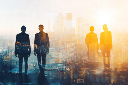 Dynamic double exposure of business meeting silhouettes against a blurred city skyline background
