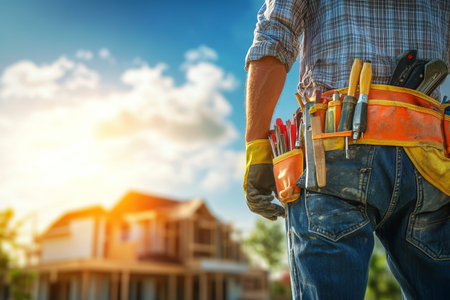 Carpenter at work with tools on construction site and blurred house under sunny sky background